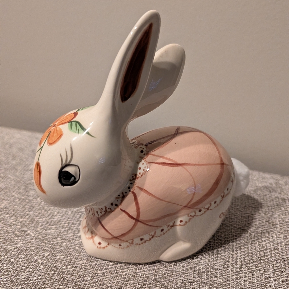 Ceramic Cottontail Bunny Figurine with Floral Accent